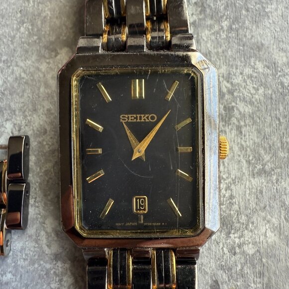 Vintage Seiko Watch Two Tone Black Dial Date Rectangle V739-5B19 *Needs Battery* - Picture 2 of 5